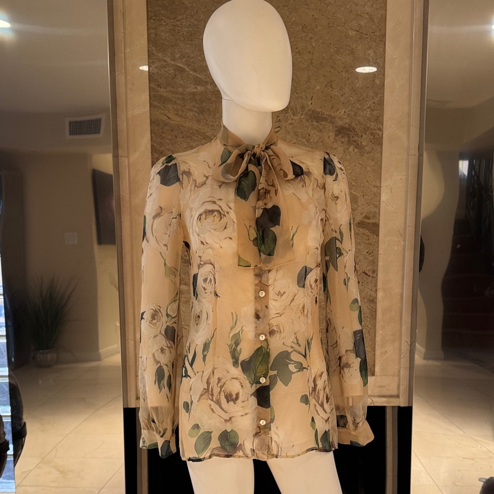 Dolce & Gabbana Silk Bow Tie Rose Print Blouse